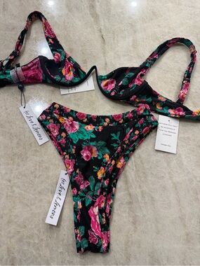 For Love & Lemons Black Floral Bikini Set with Pink and Green Accents